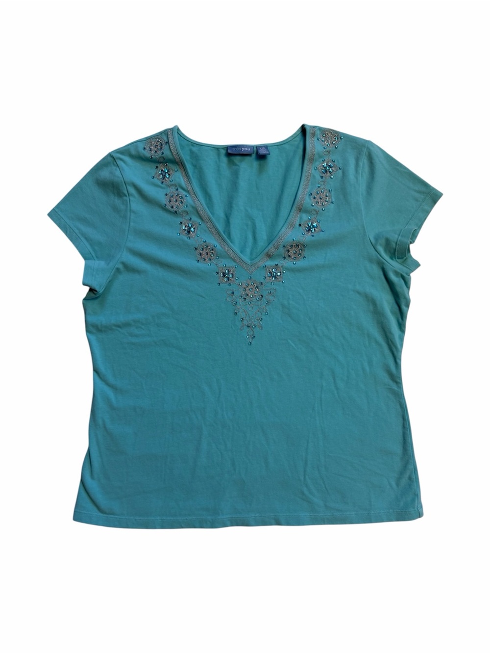 Très You Turquoise Embellished V-Neck T-Shirt